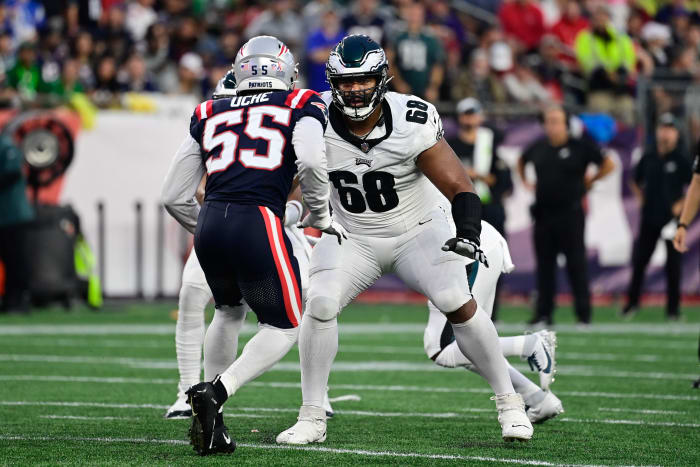 Sep 10, 2023; Foxborough, Massachusetts, USA; Philadelphia Eagles offensive tackle Jordan Mailata (68) blocks New England Patriots linebacker Josh Uche (55) during the second half at Gillette Stadium.